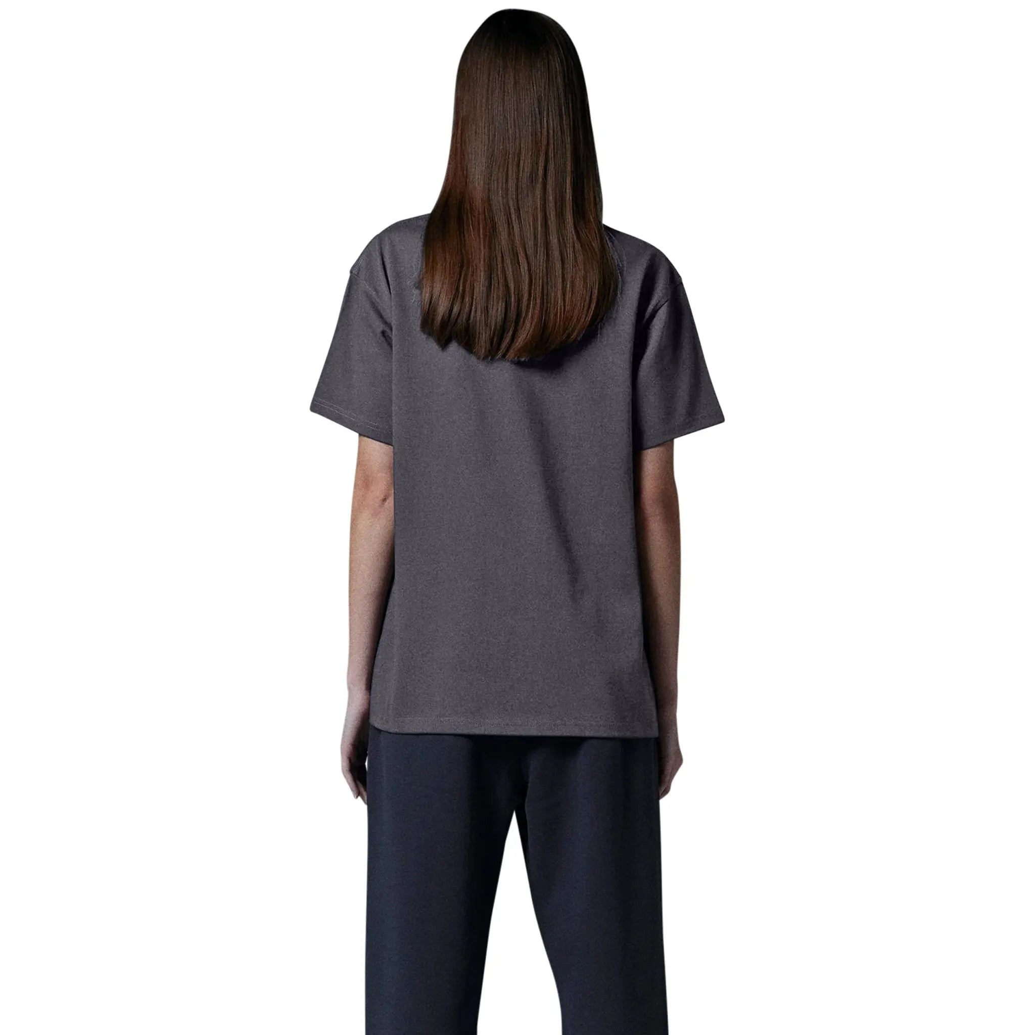 Model female back view of Human Race Made Dusty Grey T Shirt
